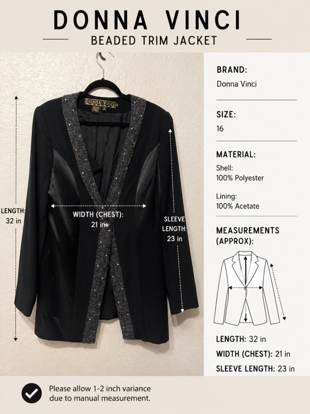 Donna Vinci Black Beaded Trim Blazer